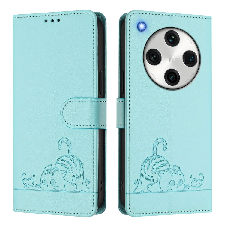 For OPPO Find X8 Pro Cat Rat Embossed Pattern RFID Leather Phone Case with Lanyard
