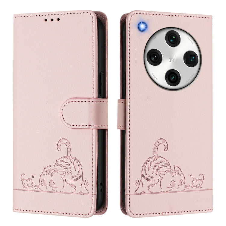 For OPPO Find X8 Pro Cat Rat Embossed Pattern RFID Leather Phone Case with Lanyard