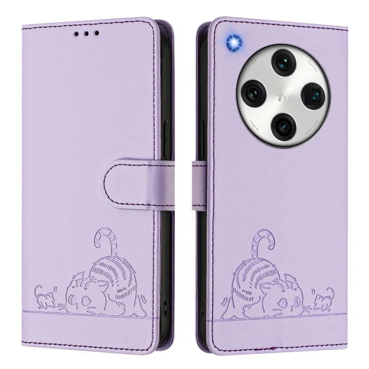 For OPPO Find X8 Pro Cat Rat Embossed Pattern RFID Leather Phone Case with Lanyard