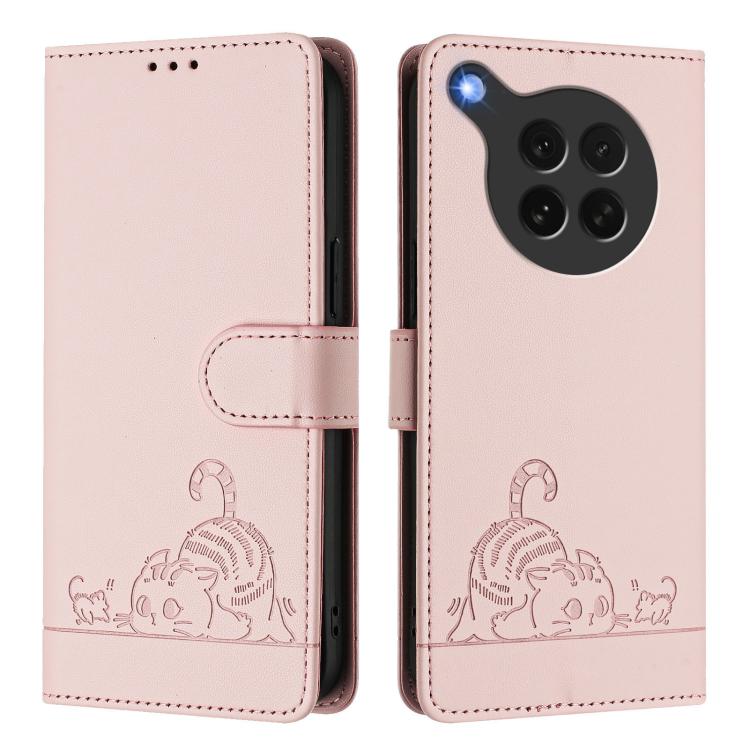 For OPPO Find X8s Cat Rat Embossed Pattern RFID Leather Phone Case with Lanyard