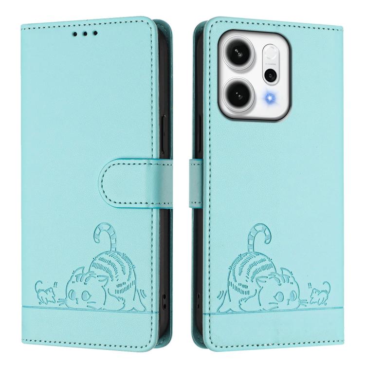 For OPPO Reno14 Pro 5G Global Cat Rat Embossed Pattern RFID Leather Phone Case with Lanyard
