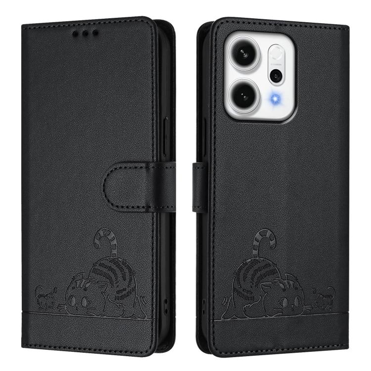 For OPPO Reno14 Pro 5G Global Cat Rat Embossed Pattern RFID Leather Phone Case with Lanyard