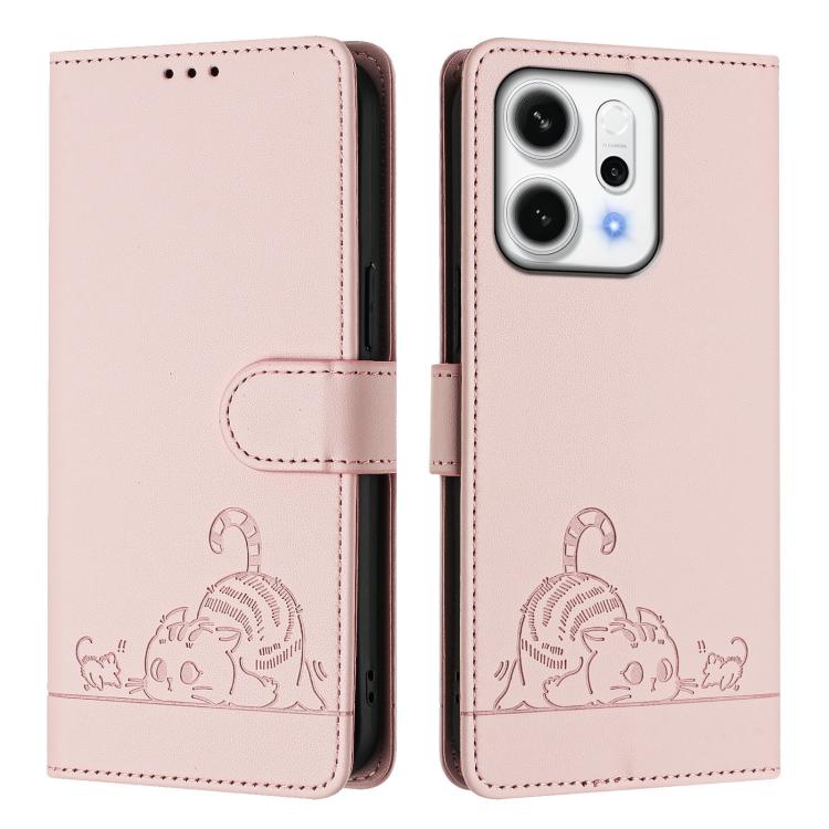 For OPPO Reno14 5G Global Cat Rat Embossed Pattern RFID Leather Phone Case with Lanyard