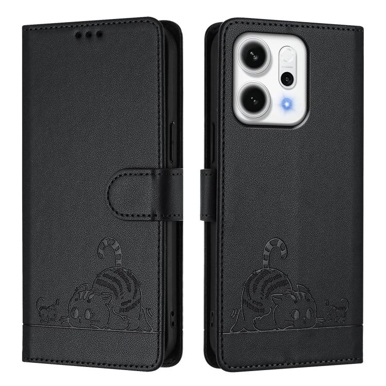 For OPPO Reno14 5G Global Cat Rat Embossed Pattern RFID Leather Phone Case with Lanyard