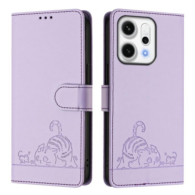 For OPPO Reno14 5G Global Cat Rat Embossed Pattern RFID Leather Phone Case with Lanyard