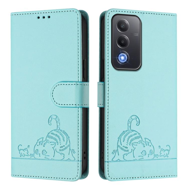 For OPPO A5 5G Global / A3 Pro 5G Global Cat Rat Embossed Pattern RFID Leather Phone Case with Lanyard