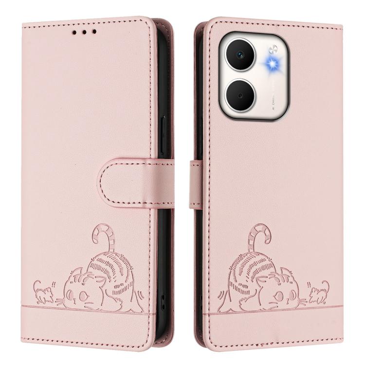 For OPPO A5x 4G Global / 5G Global Cat Rat Embossed Pattern RFID Leather Phone Case with Lanyard