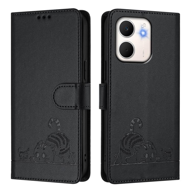 For OPPO A5x 4G Global / 5G Global Cat Rat Embossed Pattern RFID Leather Phone Case with Lanyard