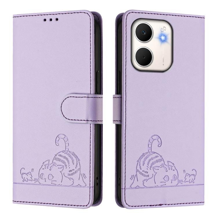 For OPPO A5x 4G Global / 5G Global Cat Rat Embossed Pattern RFID Leather Phone Case with Lanyard