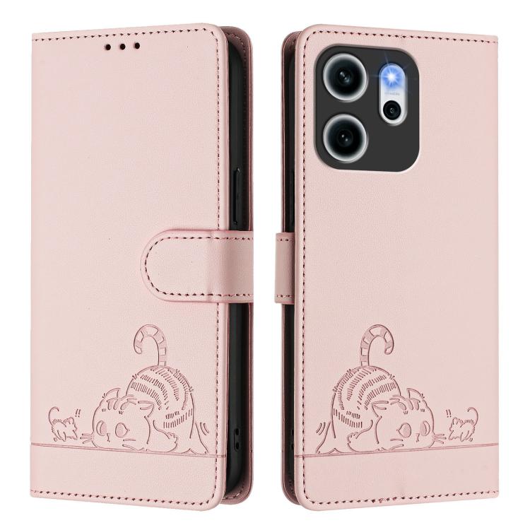 For OPPO Reno14 F 5G Cat Rat Embossed Pattern RFID Leather Phone Case with Lanyard