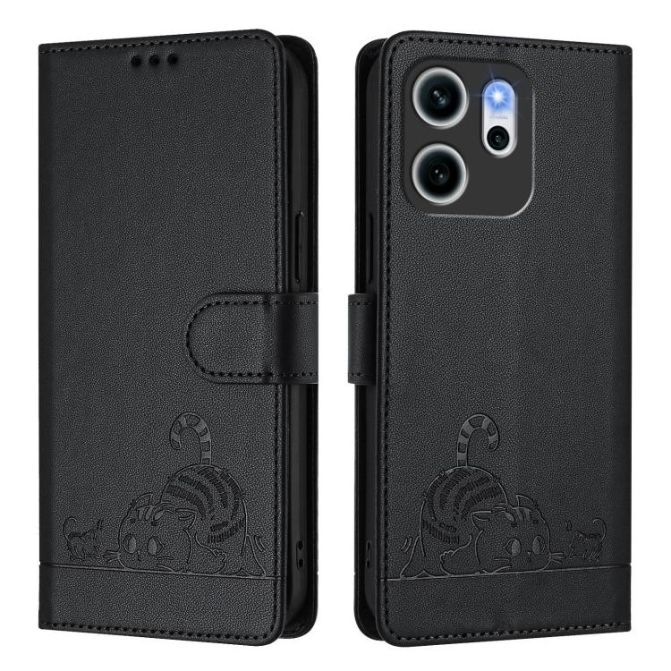 For OPPO Reno14 F 5G Cat Rat Embossed Pattern RFID Leather Phone Case with Lanyard