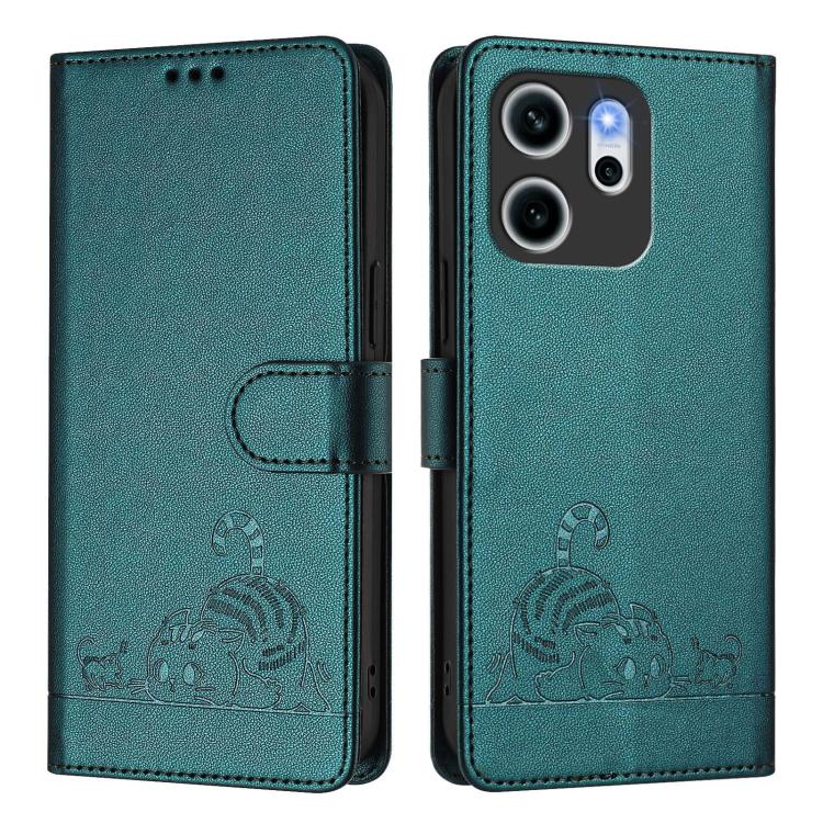 For OPPO Reno14 F 5G Cat Rat Embossed Pattern RFID Leather Phone Case with Lanyard