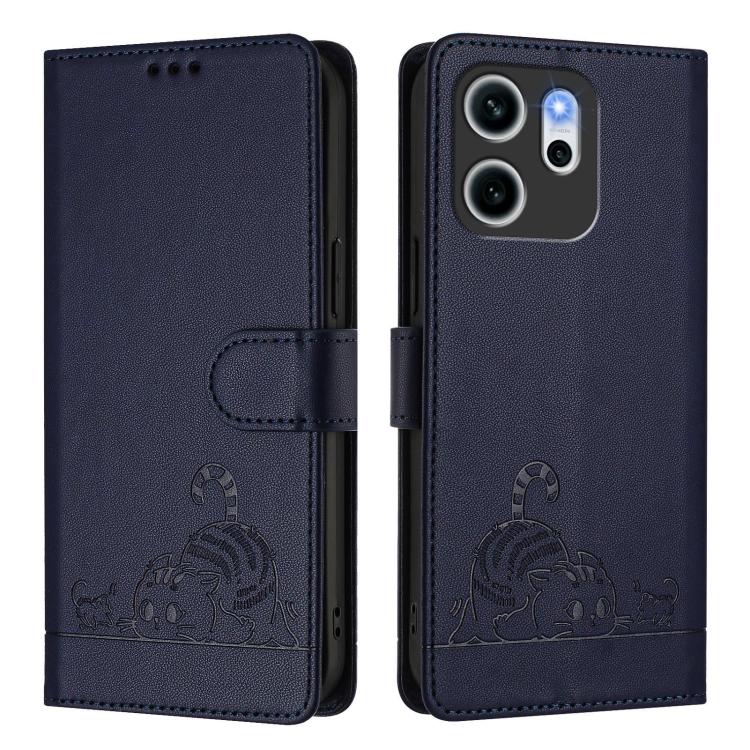 For OPPO Reno14 F 5G Cat Rat Embossed Pattern RFID Leather Phone Case with Lanyard