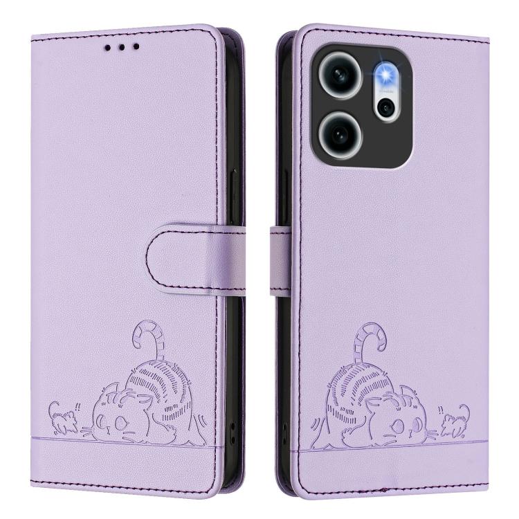 For OPPO Reno14 F 5G Cat Rat Embossed Pattern RFID Leather Phone Case with Lanyard