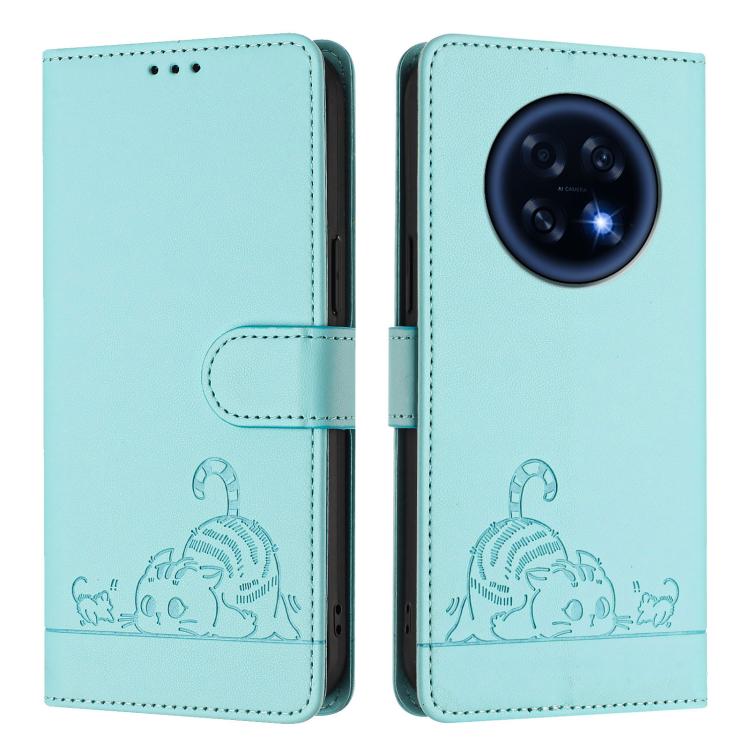 For OPPO A6 GT 5G Cat Rat Embossed Pattern RFID Leather Phone Case with Lanyard