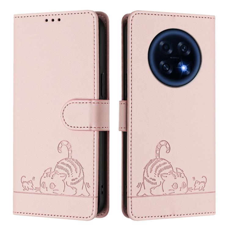 For OPPO A6 GT 5G Cat Rat Embossed Pattern RFID Leather Phone Case with Lanyard