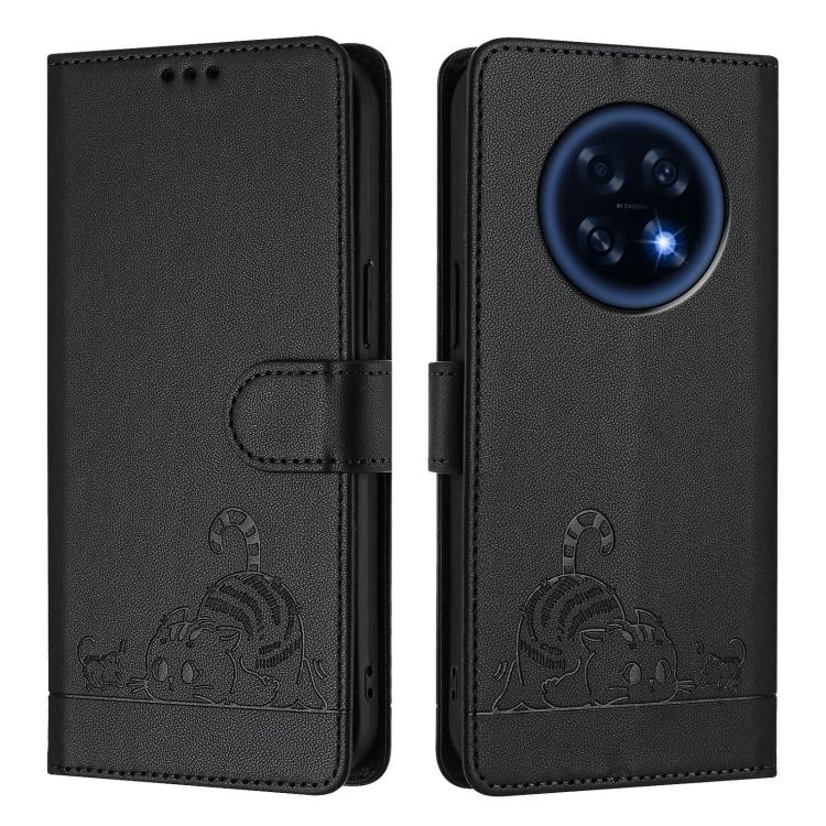 For OPPO A6 GT 5G Cat Rat Embossed Pattern RFID Leather Phone Case with Lanyard