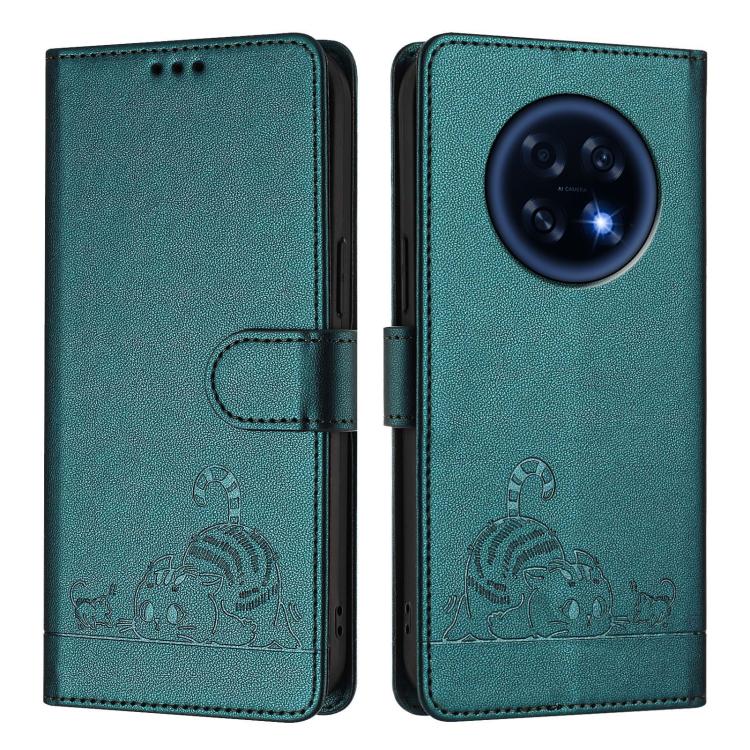 For OPPO A6 GT 5G Cat Rat Embossed Pattern RFID Leather Phone Case with Lanyard
