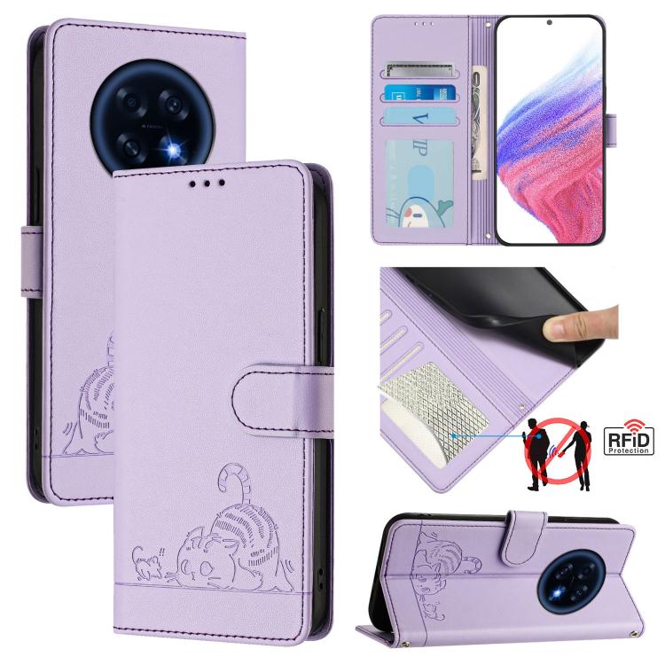 For OPPO A6 GT 5G Cat Rat Embossed Pattern RFID Leather Phone Case with Lanyard