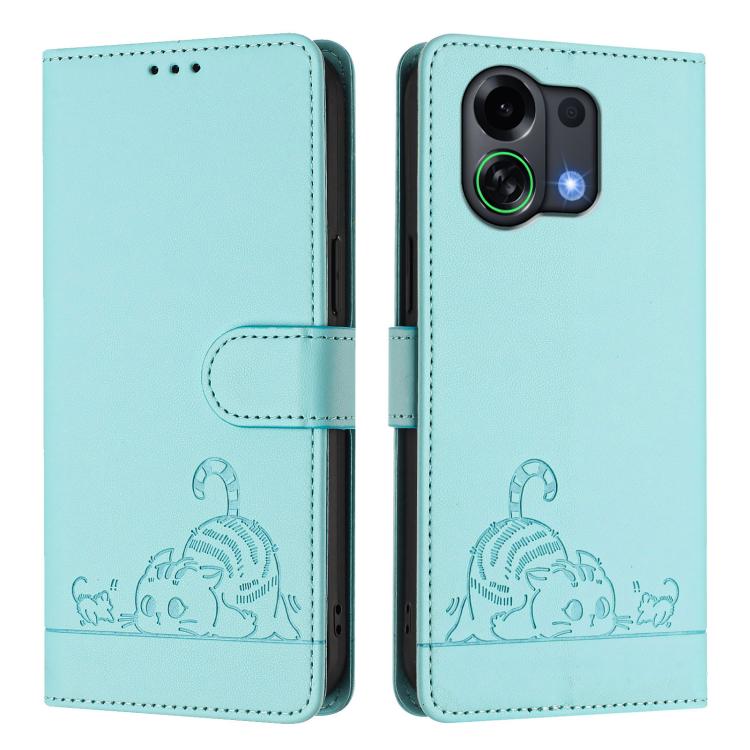 For OPPO K13 Turbo 5G Cat Rat Embossed Pattern RFID Leather Phone Case with Lanyard
