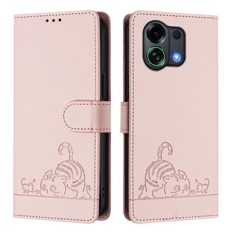 For OPPO K13 Turbo 5G Cat Rat Embossed Pattern RFID Leather Phone Case with Lanyard