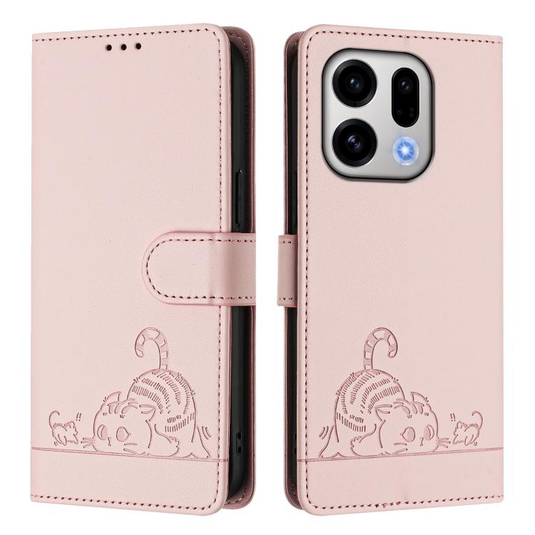 For OPPO Find X9 Cat Rat Embossed Pattern RFID Leather Phone Case with Lanyard