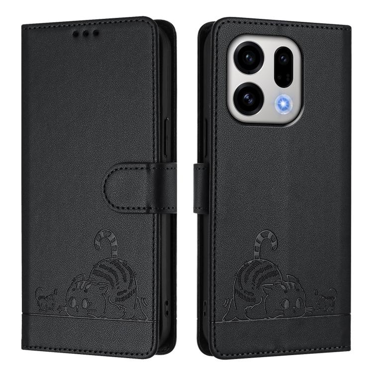 For OPPO Find X9 Cat Rat Embossed Pattern RFID Leather Phone Case with Lanyard