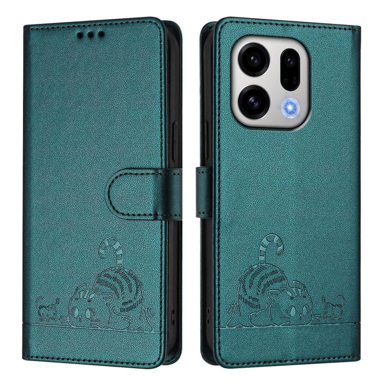 For OPPO Find X9 Cat Rat Embossed Pattern RFID Leather Phone Case with Lanyard
