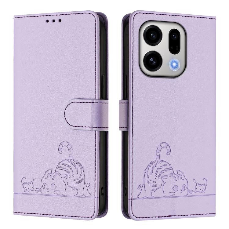 For OPPO Find X9 Cat Rat Embossed Pattern RFID Leather Phone Case with Lanyard