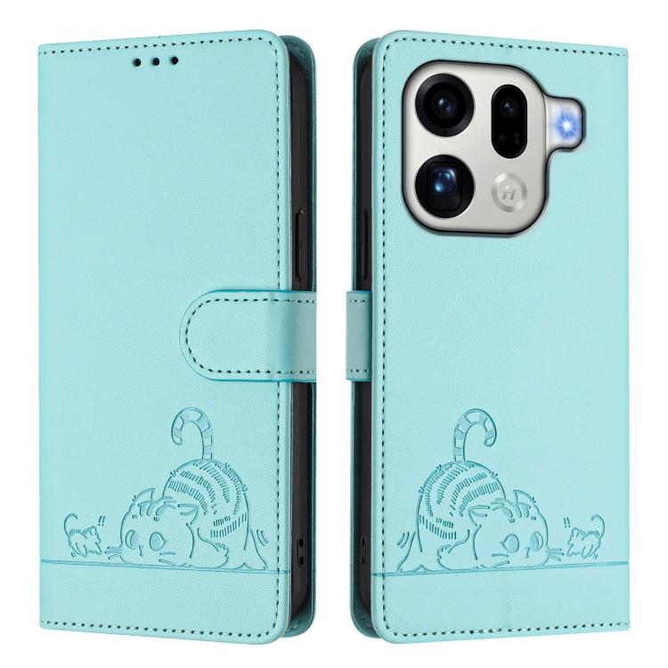 For OPPO Find X9 Pro Cat Rat Embossed Pattern RFID Leather Phone Case with Lanyard