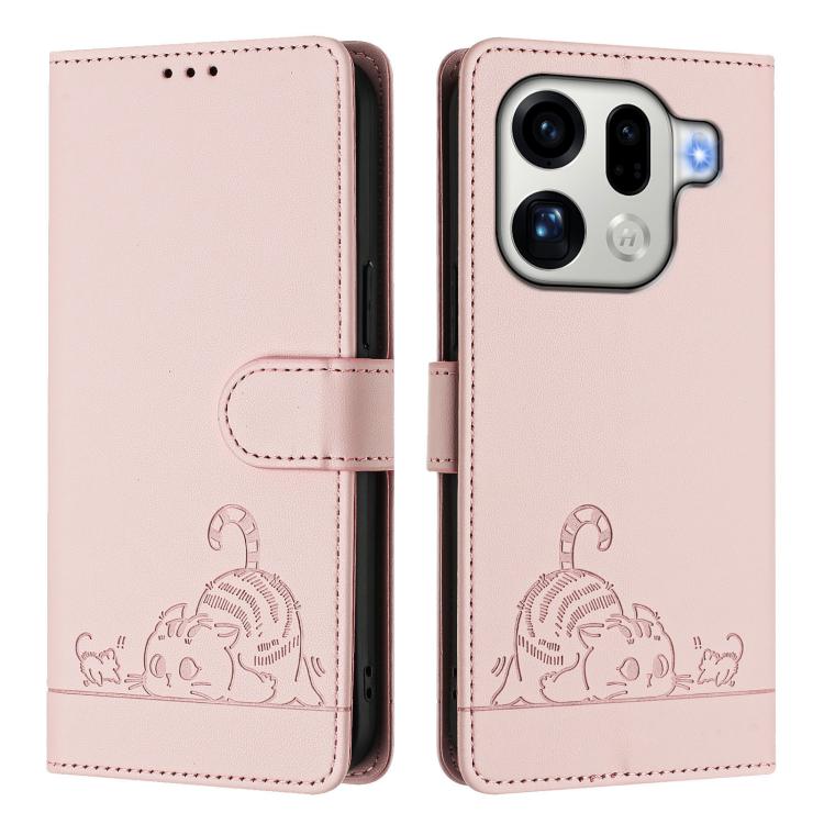 For OPPO Find X9 Pro Cat Rat Embossed Pattern RFID Leather Phone Case with Lanyard