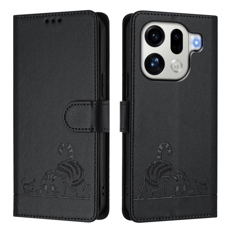 For OPPO Find X9 Pro Cat Rat Embossed Pattern RFID Leather Phone Case with Lanyard