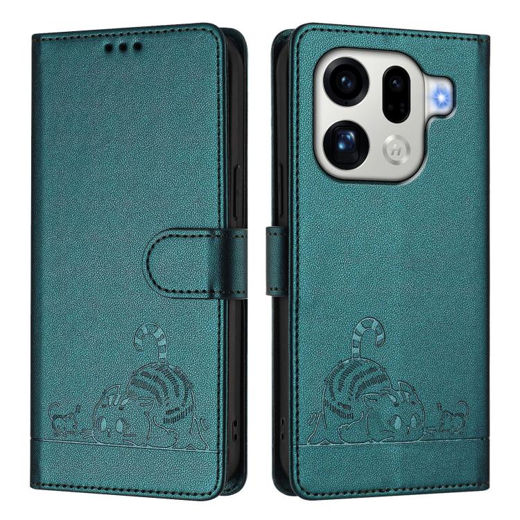 For OPPO Find X9 Pro Cat Rat Embossed Pattern RFID Leather Phone Case with Lanyard