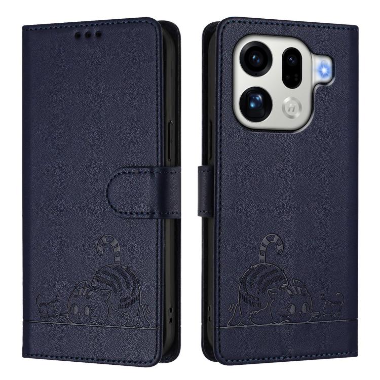 For OPPO Find X9 Pro Cat Rat Embossed Pattern RFID Leather Phone Case with Lanyard