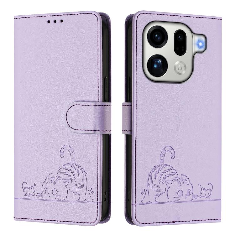 For OPPO Find X9 Pro Cat Rat Embossed Pattern RFID Leather Phone Case with Lanyard