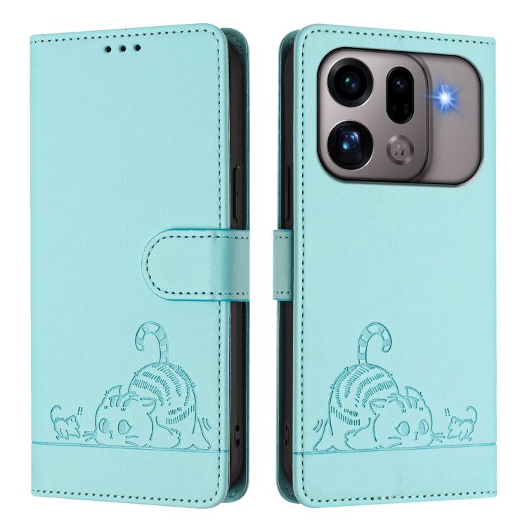 For OPPO Find X9s Pro 5G Cat Rat Embossed Pattern RFID Leather Phone Case with Lanyard