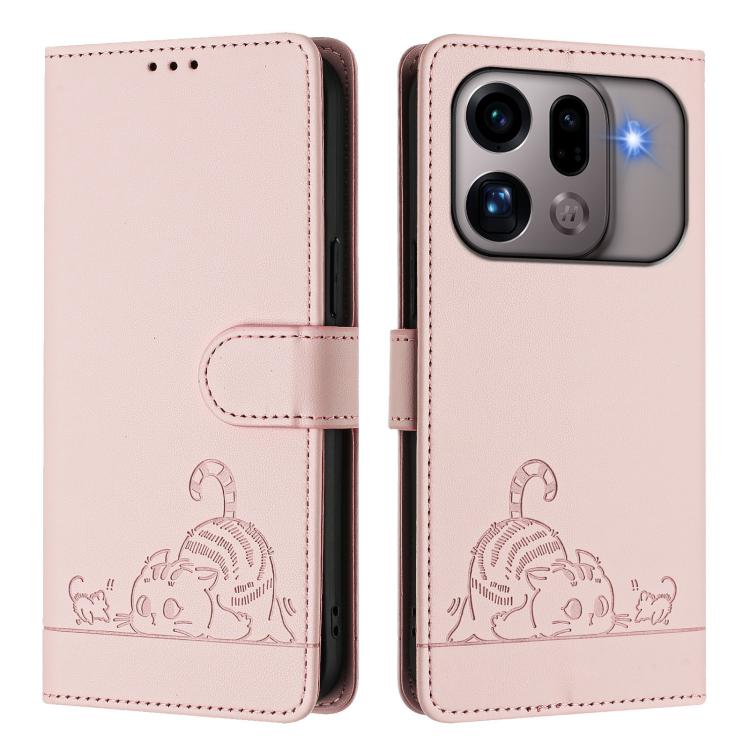 For OPPO Find X9s Pro 5G Cat Rat Embossed Pattern RFID Leather Phone Case with Lanyard