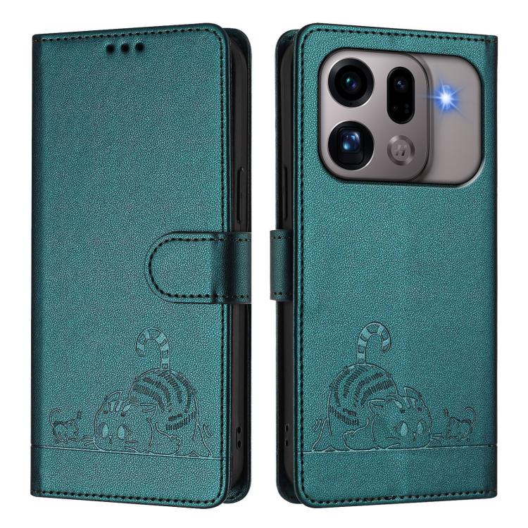 For OPPO Find X9s Pro 5G Cat Rat Embossed Pattern RFID Leather Phone Case with Lanyard