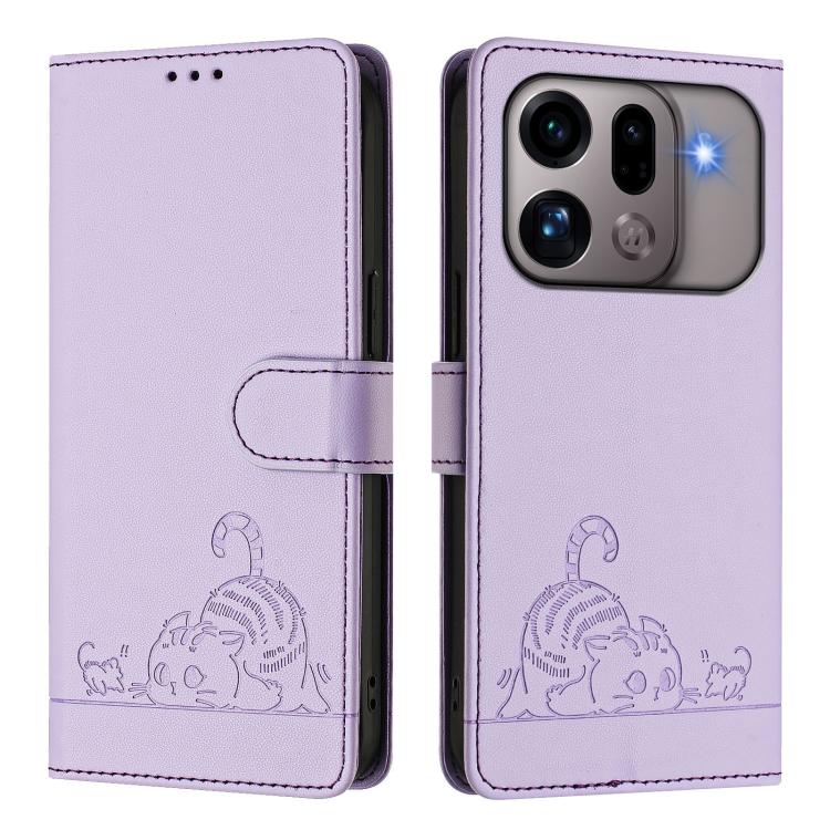 For OPPO Find X9s Pro 5G Cat Rat Embossed Pattern RFID Leather Phone Case with Lanyard