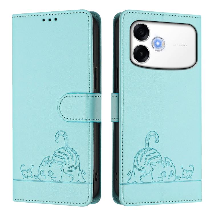 For OPPO A6s Pro 4G Cat Rat Embossed Pattern RFID Leather Phone Case with Lanyard
