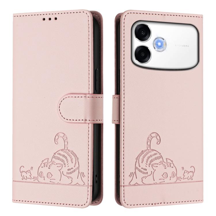 For OPPO A6s Pro 4G Cat Rat Embossed Pattern RFID Leather Phone Case with Lanyard