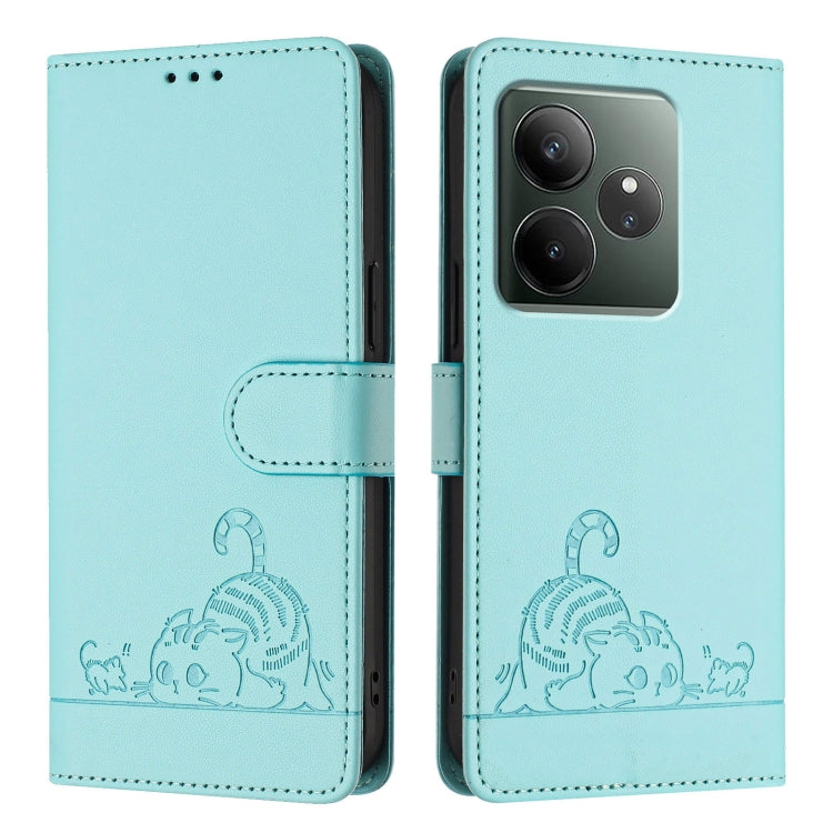 For Realme GT 6 5G Global Cat Rat Embossed Pattern RFID Leather Phone Case with Lanyard