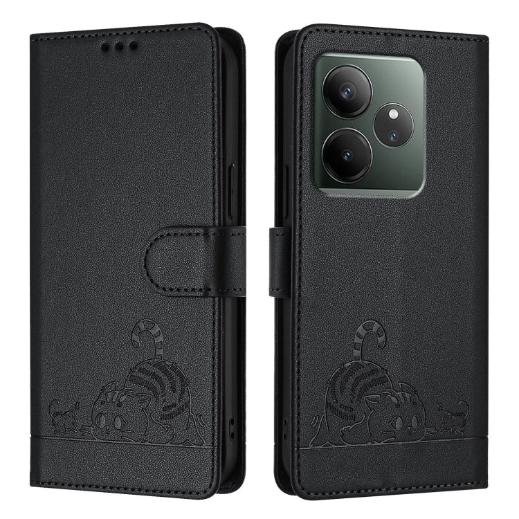 For Realme GT 6 5G Global Cat Rat Embossed Pattern RFID Leather Phone Case with Lanyard