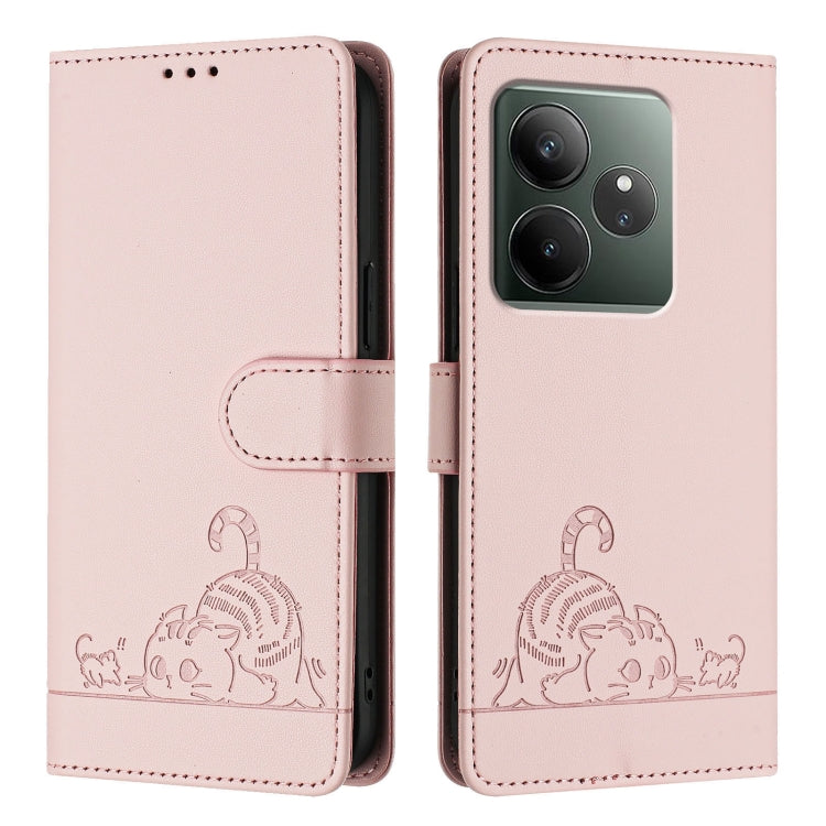 For Realme GT 6T 5G Global Cat Rat Embossed Pattern RFID Leather Phone Case with Lanyard