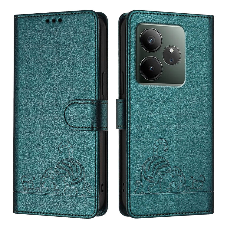For Realme GT 6T 5G Global Cat Rat Embossed Pattern RFID Leather Phone Case with Lanyard