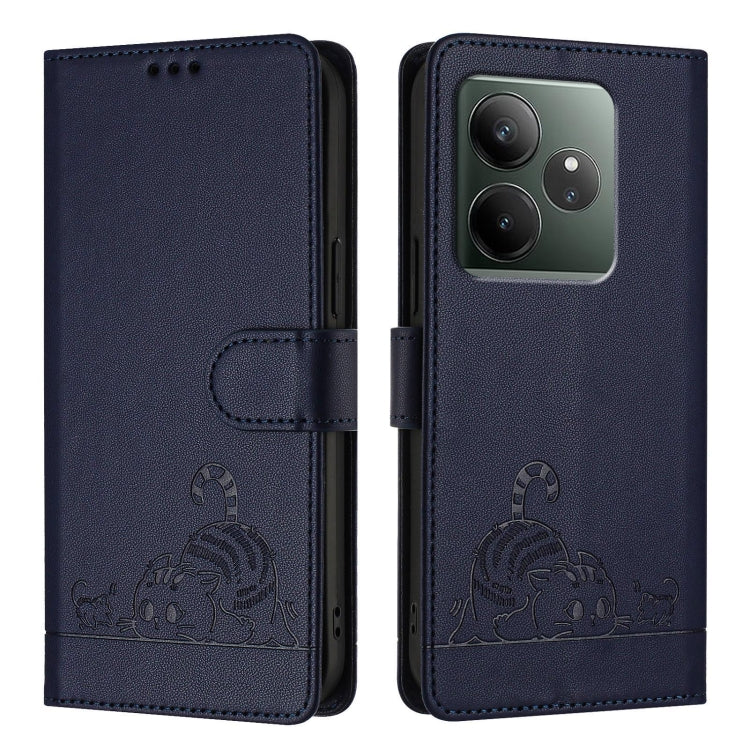 For Realme GT 6T 5G Global Cat Rat Embossed Pattern RFID Leather Phone Case with Lanyard