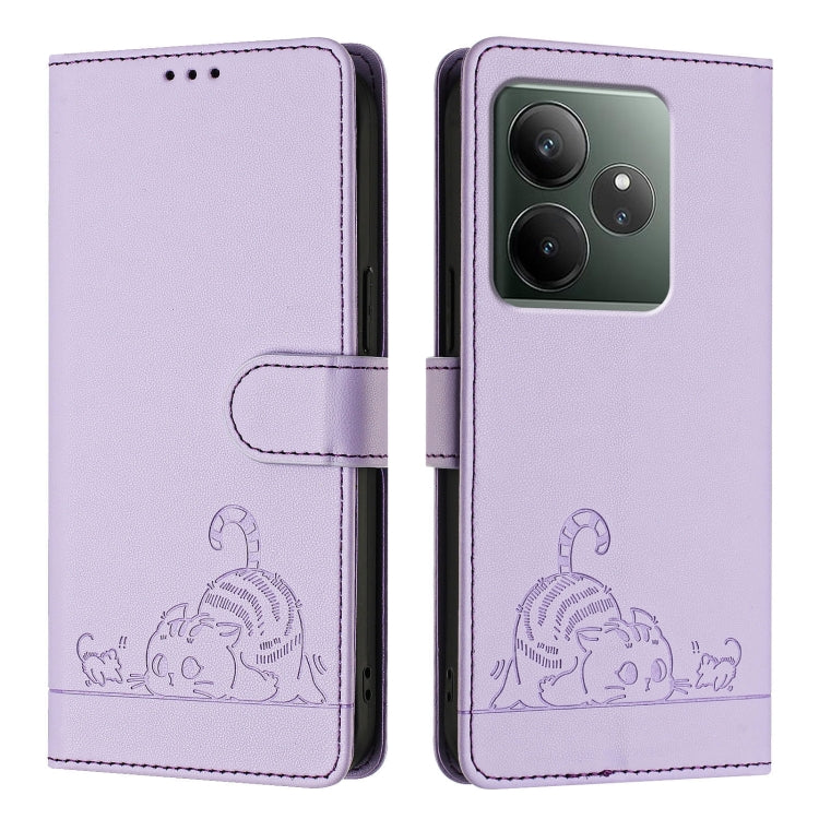 For Realme GT 6T 5G Global Cat Rat Embossed Pattern RFID Leather Phone Case with Lanyard