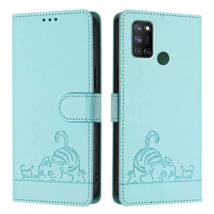 For Realme C17 / 7i Cat Rat Embossed Pattern RFID Leather Phone Case with Lanyard