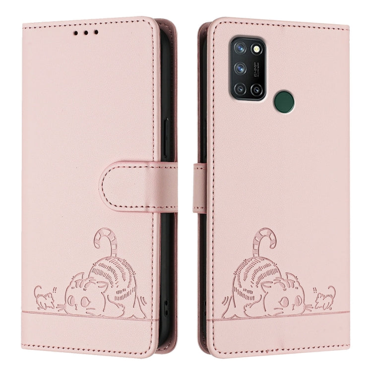 For Realme C17 / 7i Cat Rat Embossed Pattern RFID Leather Phone Case with Lanyard