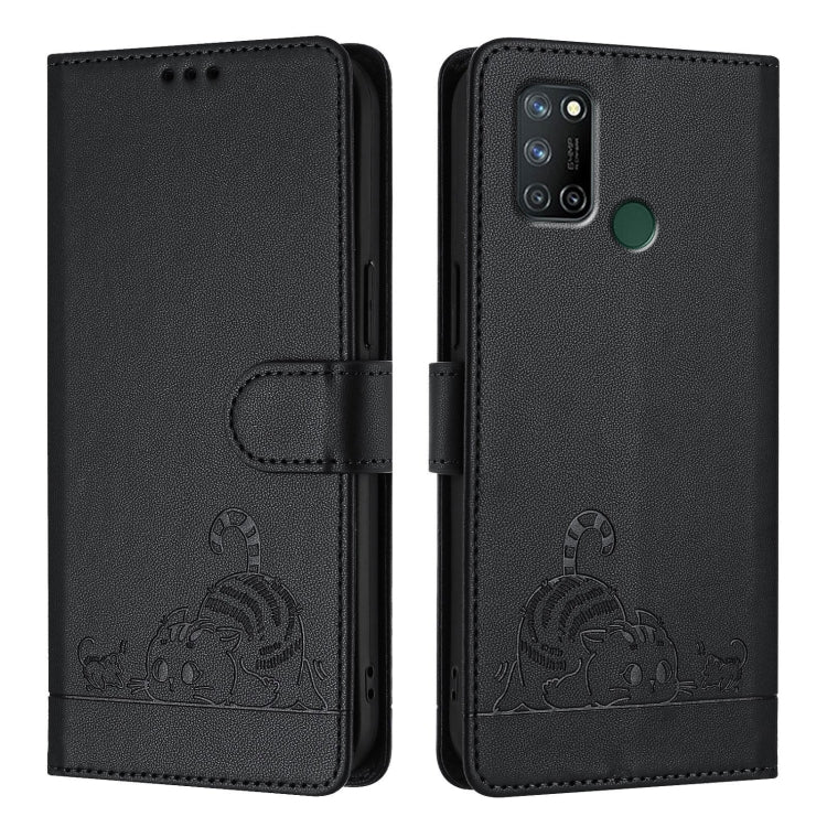 For Realme C17 / 7i Cat Rat Embossed Pattern RFID Leather Phone Case with Lanyard